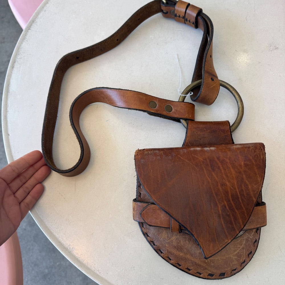 Vintage 1970s England Handmade Brown Leather Saddle Bag Belt Brass Ring Boho